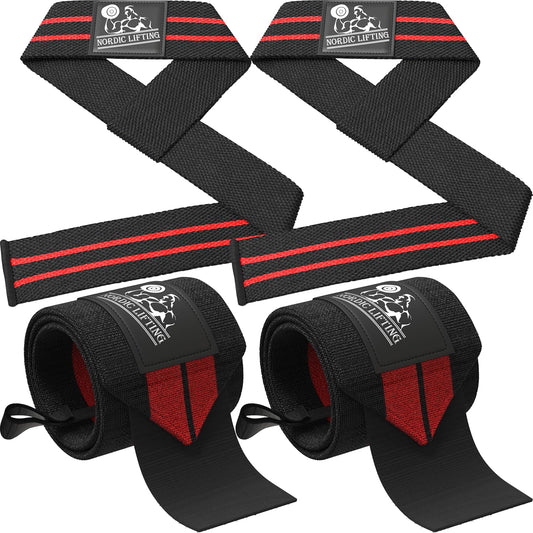 Wrist Wraps + Lifting Straps Bundle (2 Pairs) for Weightlifting, Cross Training, Workout, Gym, Powerlifting, Bodybuilding 