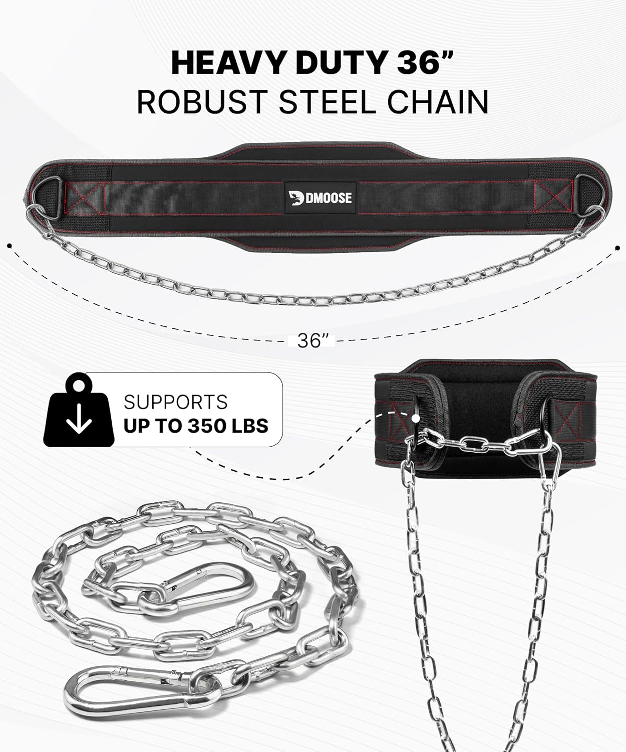 Dip Belt for Weight Lifting, Pullup, Squats & Dips - 36" Robust Steel Chain, Comfortable Neoprene Padding Supports 350Lbs 
